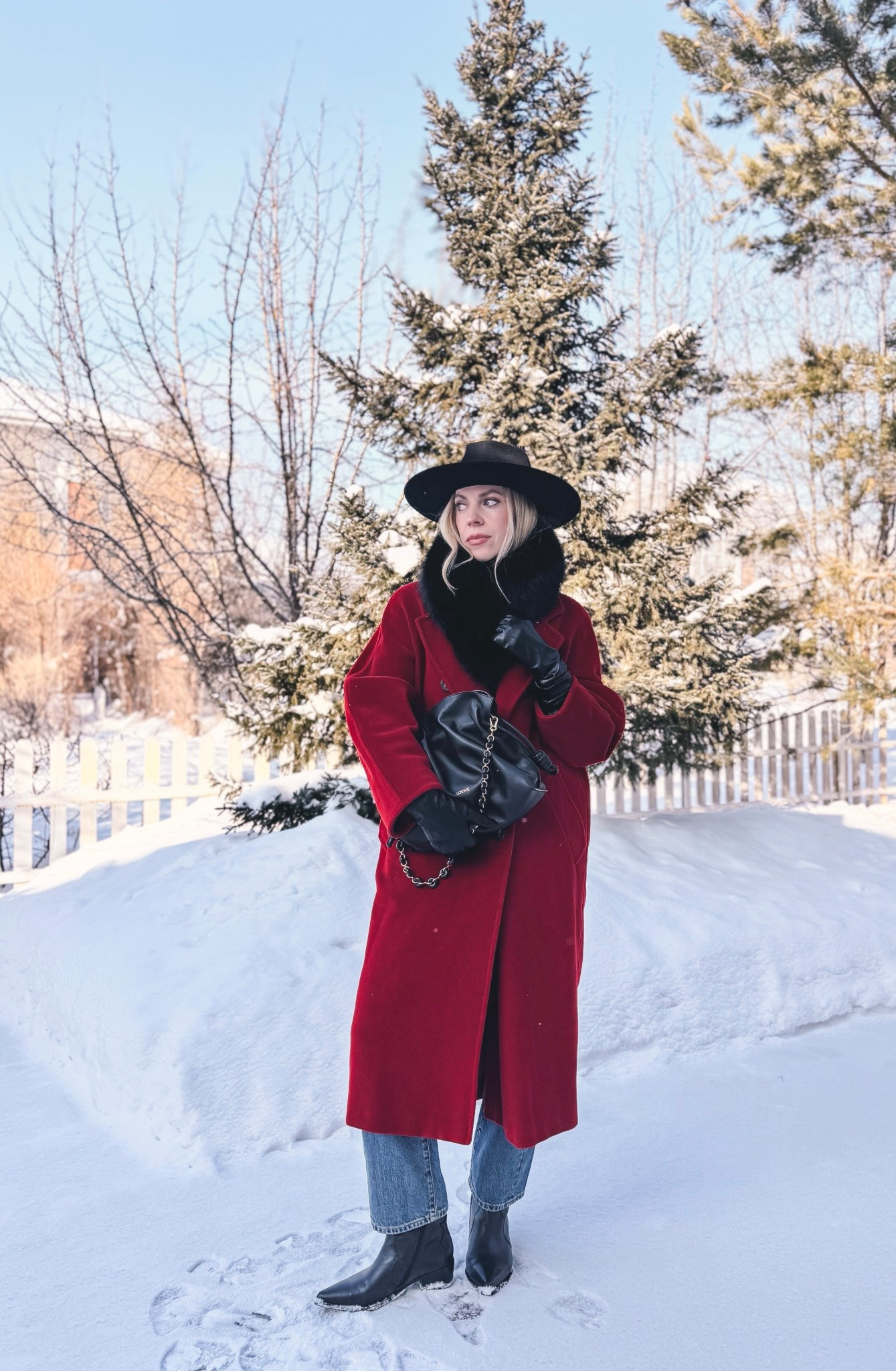 Red coat outfit, Valentine outfit, @Janessa Leone black wool fedora hat, black and red outfit, Loewe Flamenco pouch handbag, black western boots

#LTKSeasonal #LTKValentine #LTKOver40