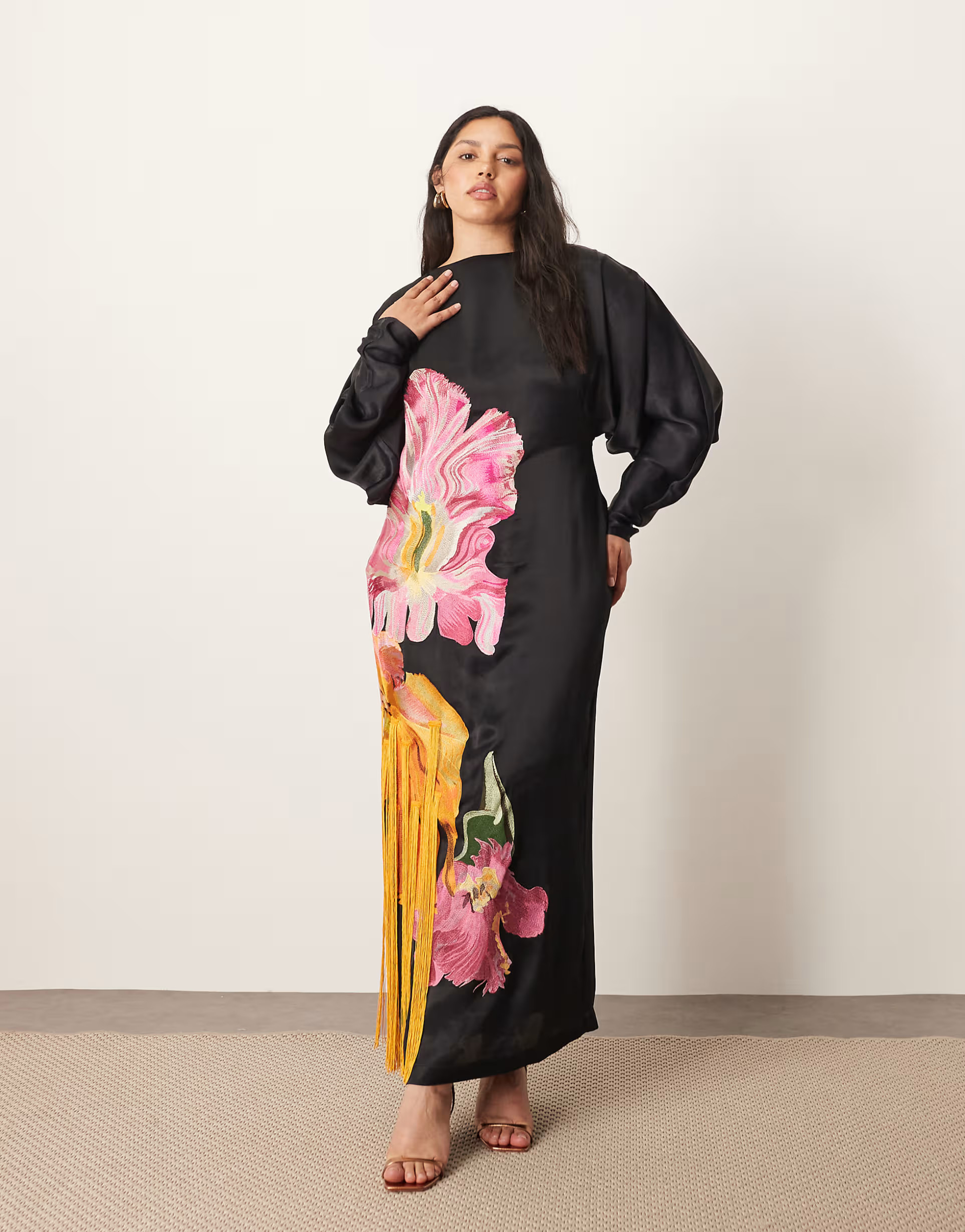 ARRANGE Curve dripping floral embroidered strong shoulder open back maxi dress in black | ASOS (Global)