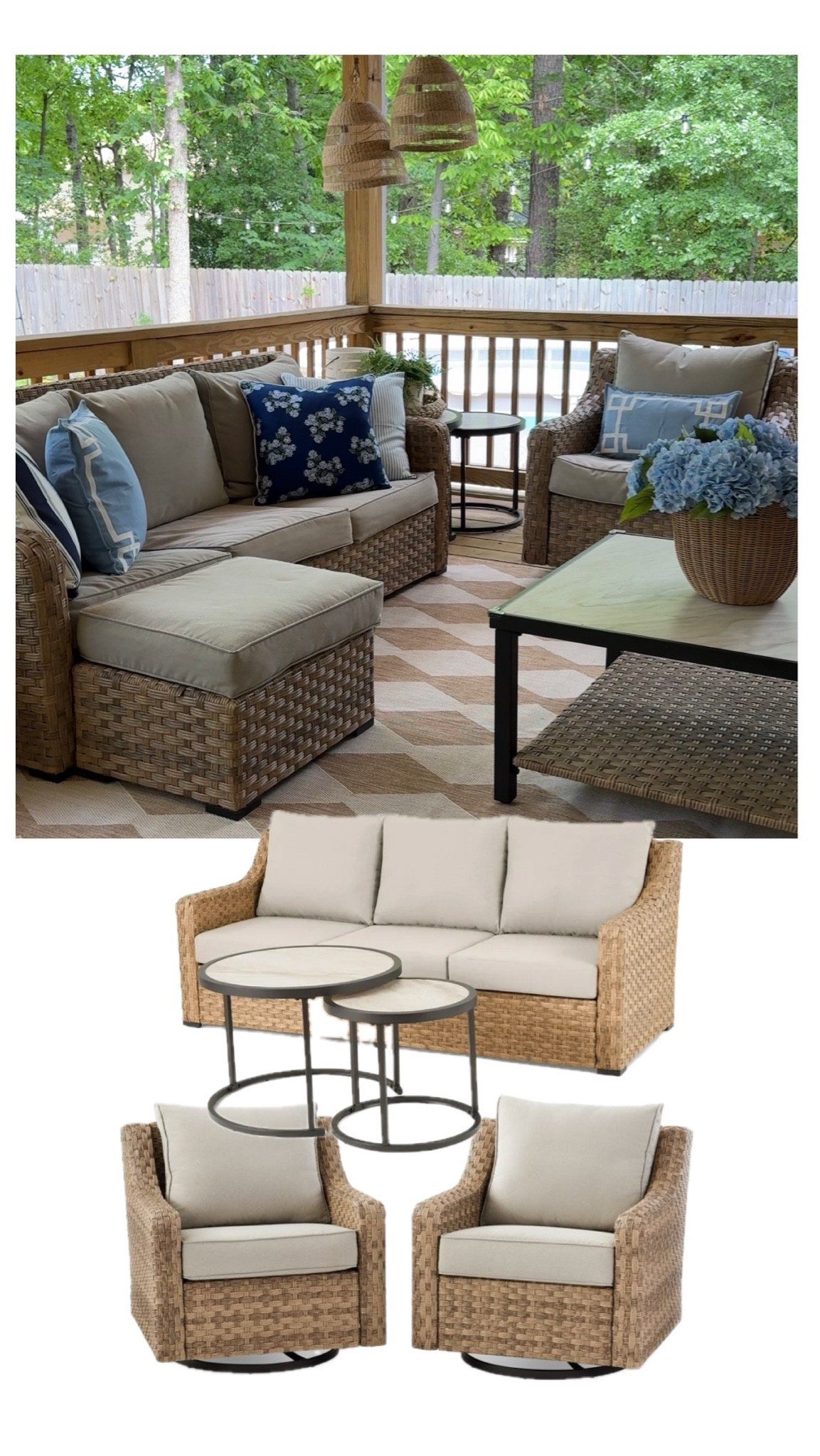 My outdoor furniture - 
Available as a set:
Sofa (with cover) and round nesting tables , 2 glider/swivel chairs (with covers)

You can also get:
Just 2 chairs, or the sofa & tables

#LTKSeasonal #LTKmomlife #LTKHome
