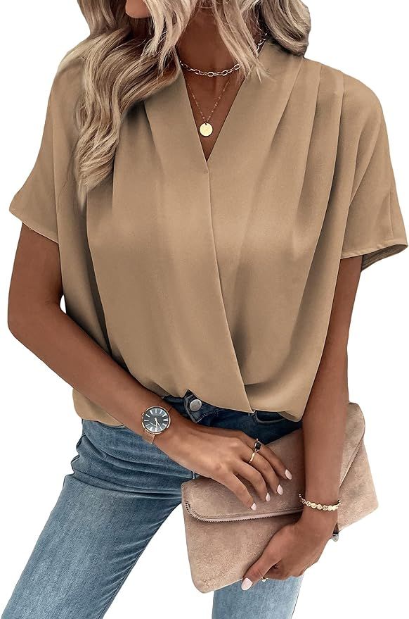 Verdusa Women's V Neck Dolman Sleeve Ruched Wrap Blouse Shirt Draped Top | Amazon (US)