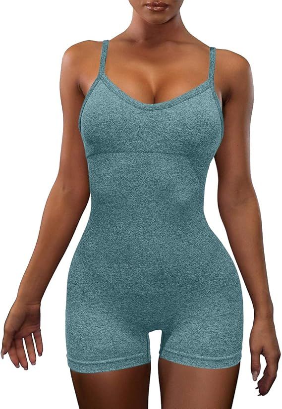 OLCHEE Women's Sexy Workout One Piece Romper Outfit - Bodycon Spaghetti Strap Yoga Shorts Jumpsui... | Amazon (US)