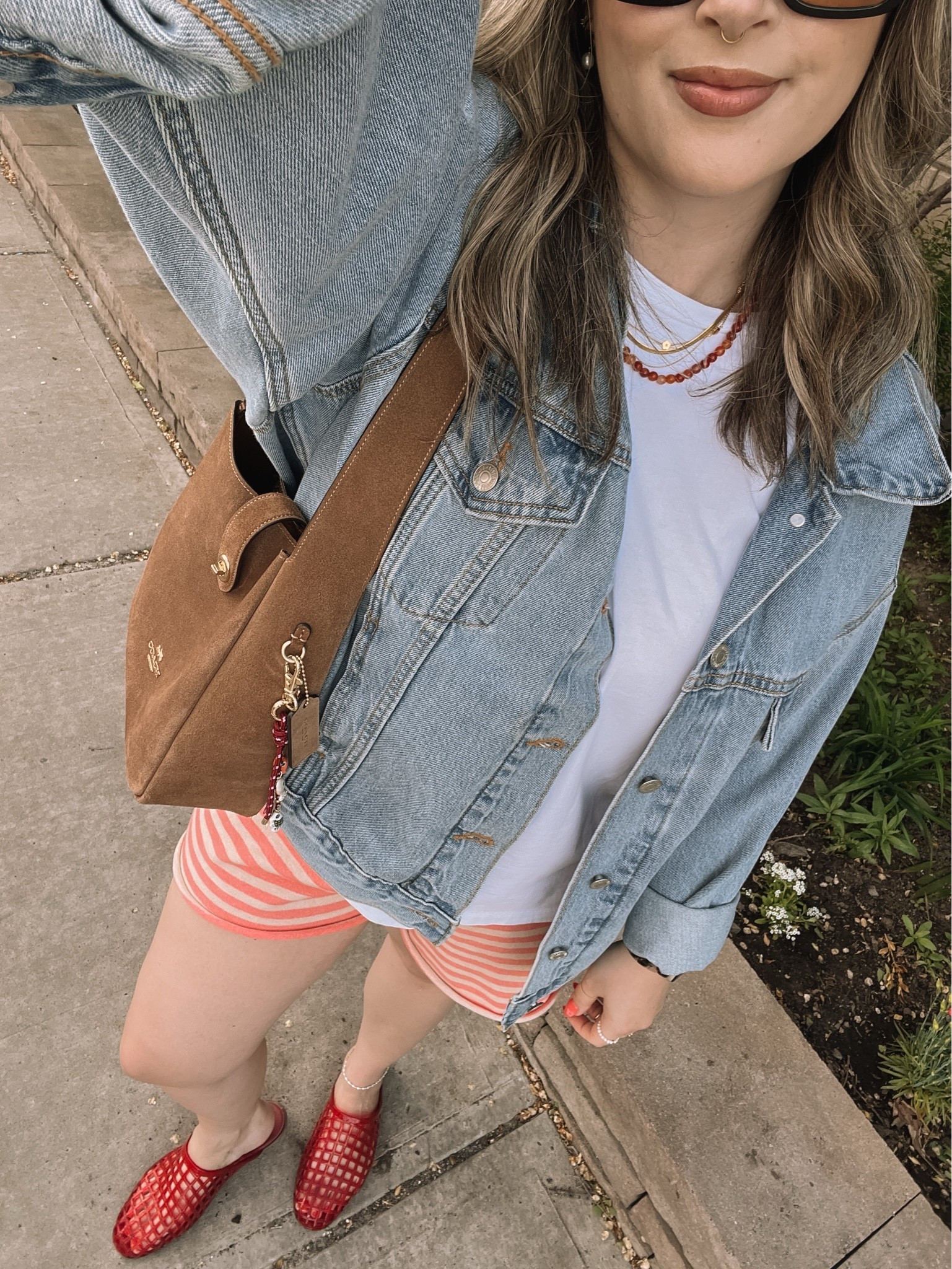 Comfy spring to summer outfit! Wearing my usual L in the striped knit shorts. Sized up to XL in the denim jacket for an oversized fit. Linked similar white tees. Jelly shoes are quite comfy, I’m a 9.5-10 and wear a 10. Canadian shoe link under “similar products”

#LTKsummer #LTKmidsize #LTKstyletip