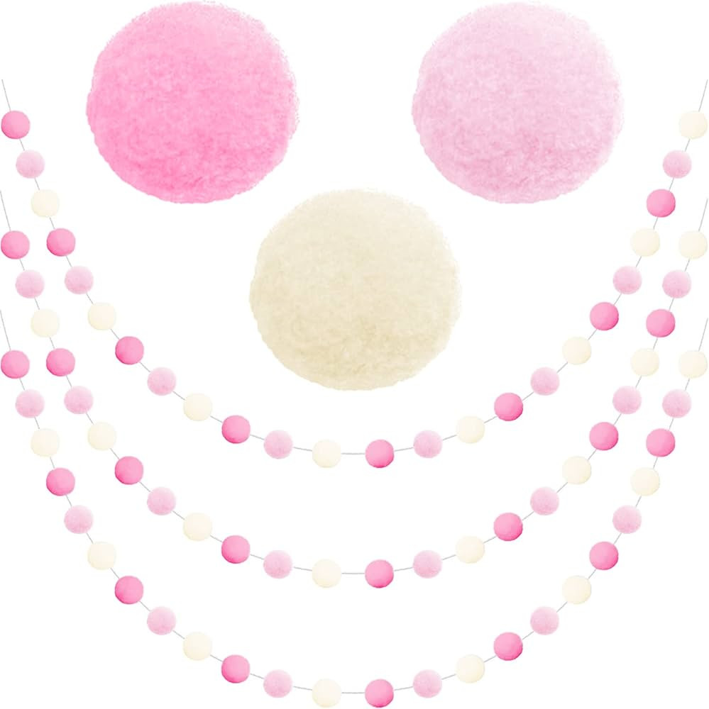 Jishi 3-Pack Pom Pom Garland Pink Felt Ball Ornament Garland Christmas Decorations, Cute Pompom S... | Amazon (US)
