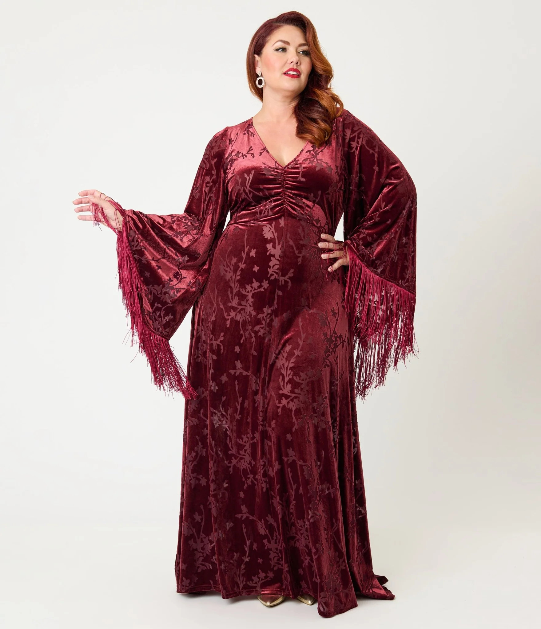Smak Parlour Plus Size Raspberry Velvet Burnout Fringe Sleeve Stevie M | UniqueVintage