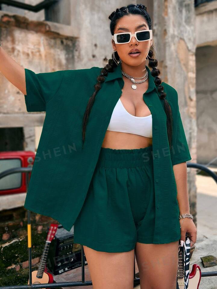 SHEIN EZwear Plus Textured Drop Shoulder Shirt & Shorts | SHEIN