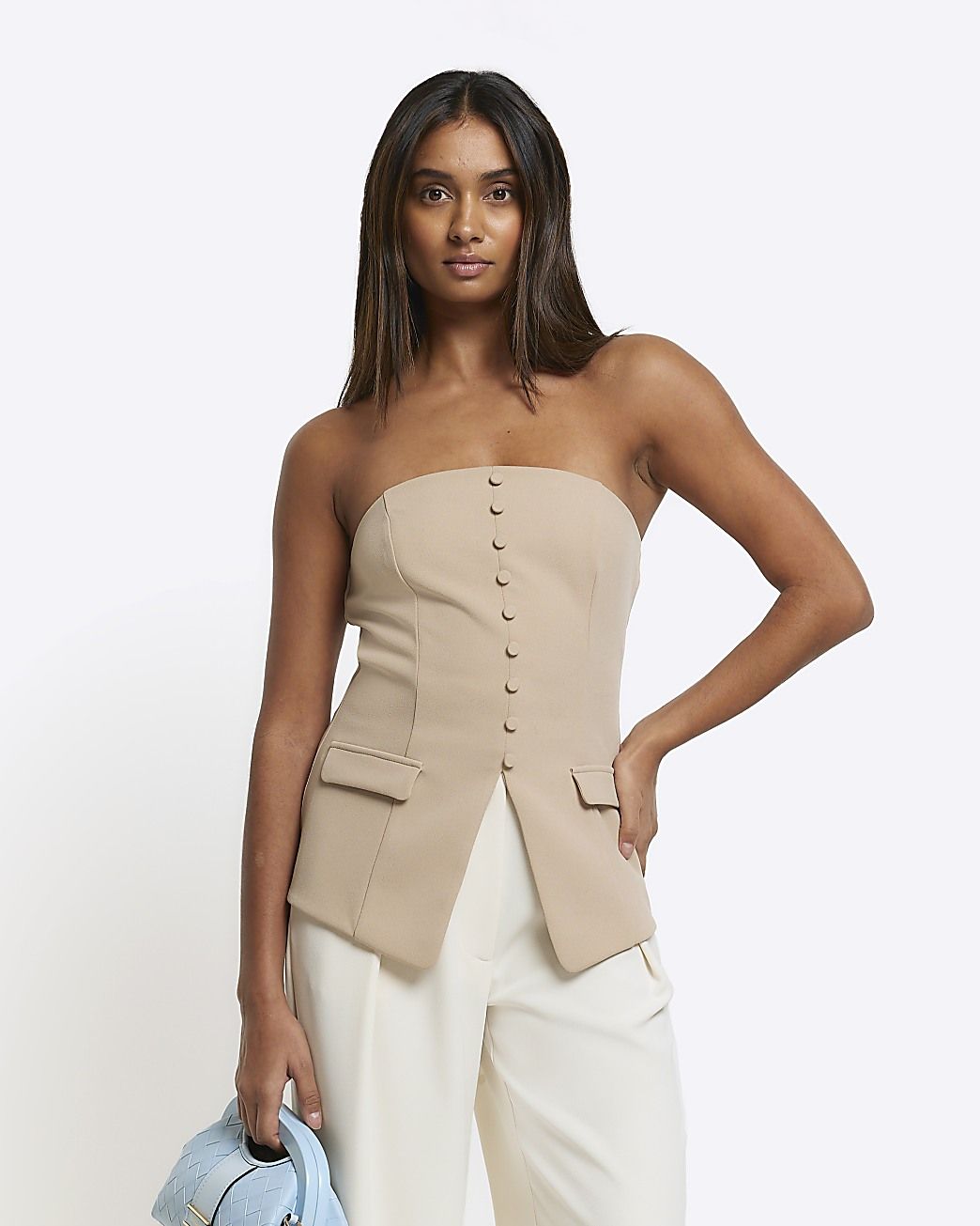 Stone Buttoned Bandeau Top | River Island (UK & IE)