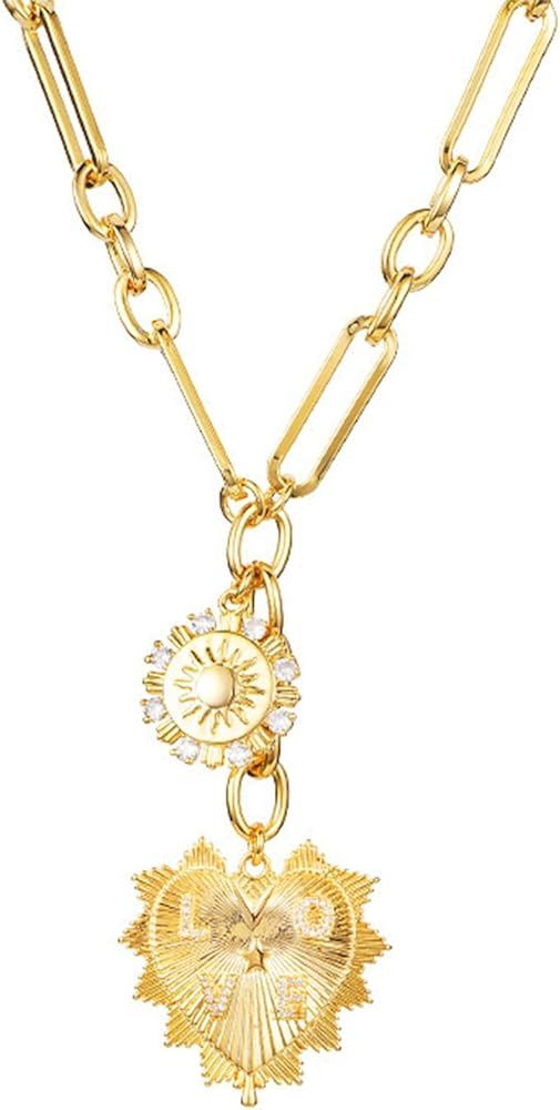 HETICA Chunky Gold Necklace for Women, Heart Pendants Necklace Sun Flower Necklace Fashion Hip Ho... | Amazon (US)