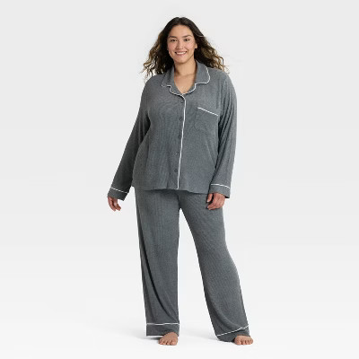 Women's Cozy Ribbed Notch Collar Long Sleeve Shirt and Pants Pajama Set - Auden™ Dark Gray 2X | Target