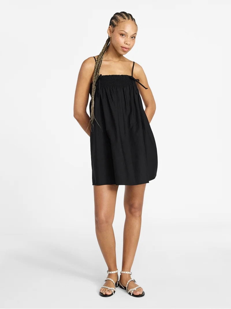 No Boundaries Cotton Poplin Smocked Mini Dress with Tie Straps, Women's XXS-XXL | Walmart (US)