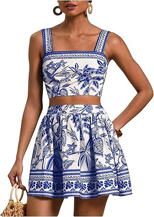 Floerns Women's Two Piece Outfit Tropical Crop Cami Top and Summer Skirts Set | Amazon (US)