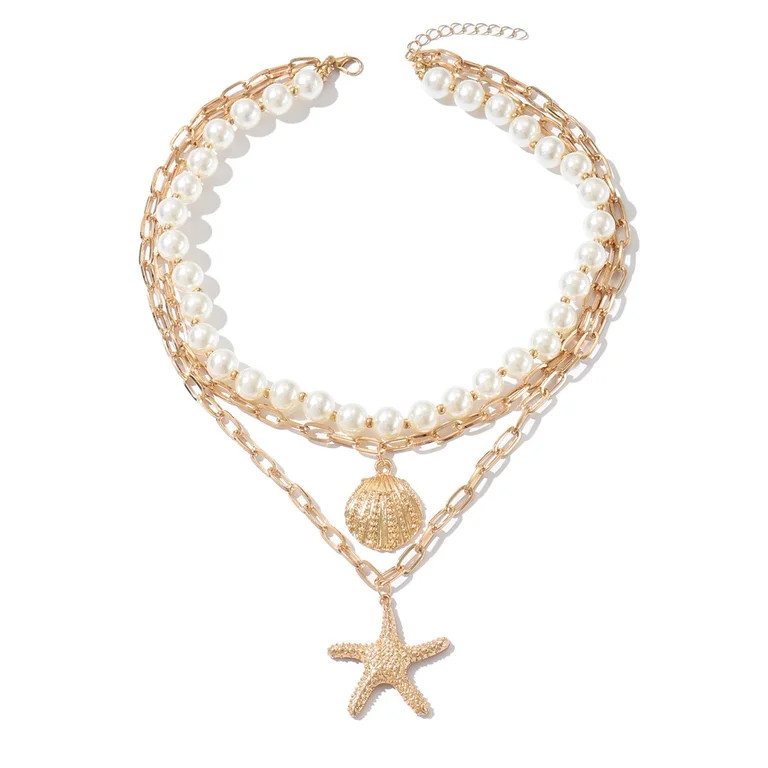 Shell Necklaces for Women Layered Gold Boho Beaded Seashell Choker Adjustable Pearl Starfish Neck... | Walmart (US)