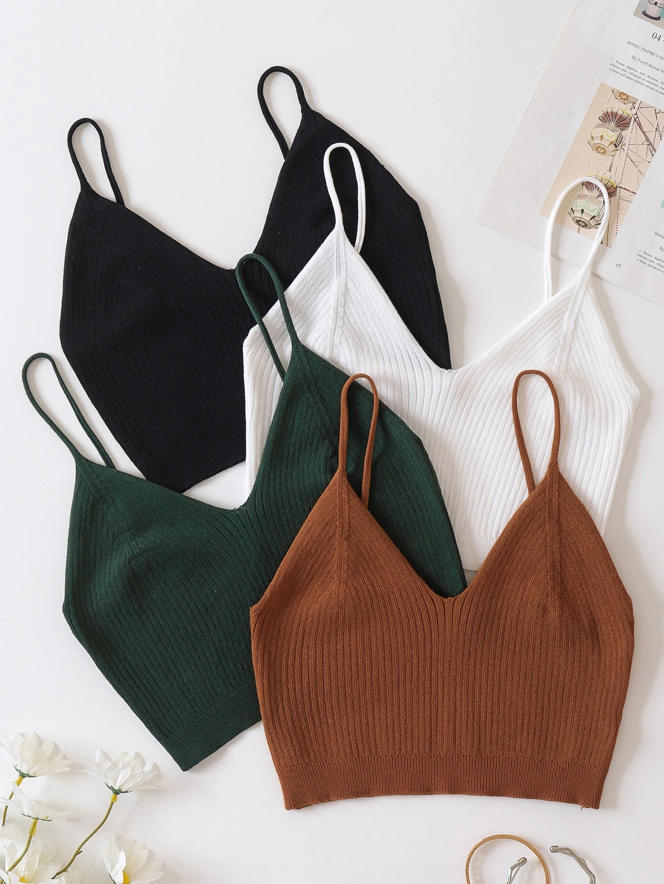 SHEIN Essnce 4pcs Solid Crop Knit Top | SHEIN