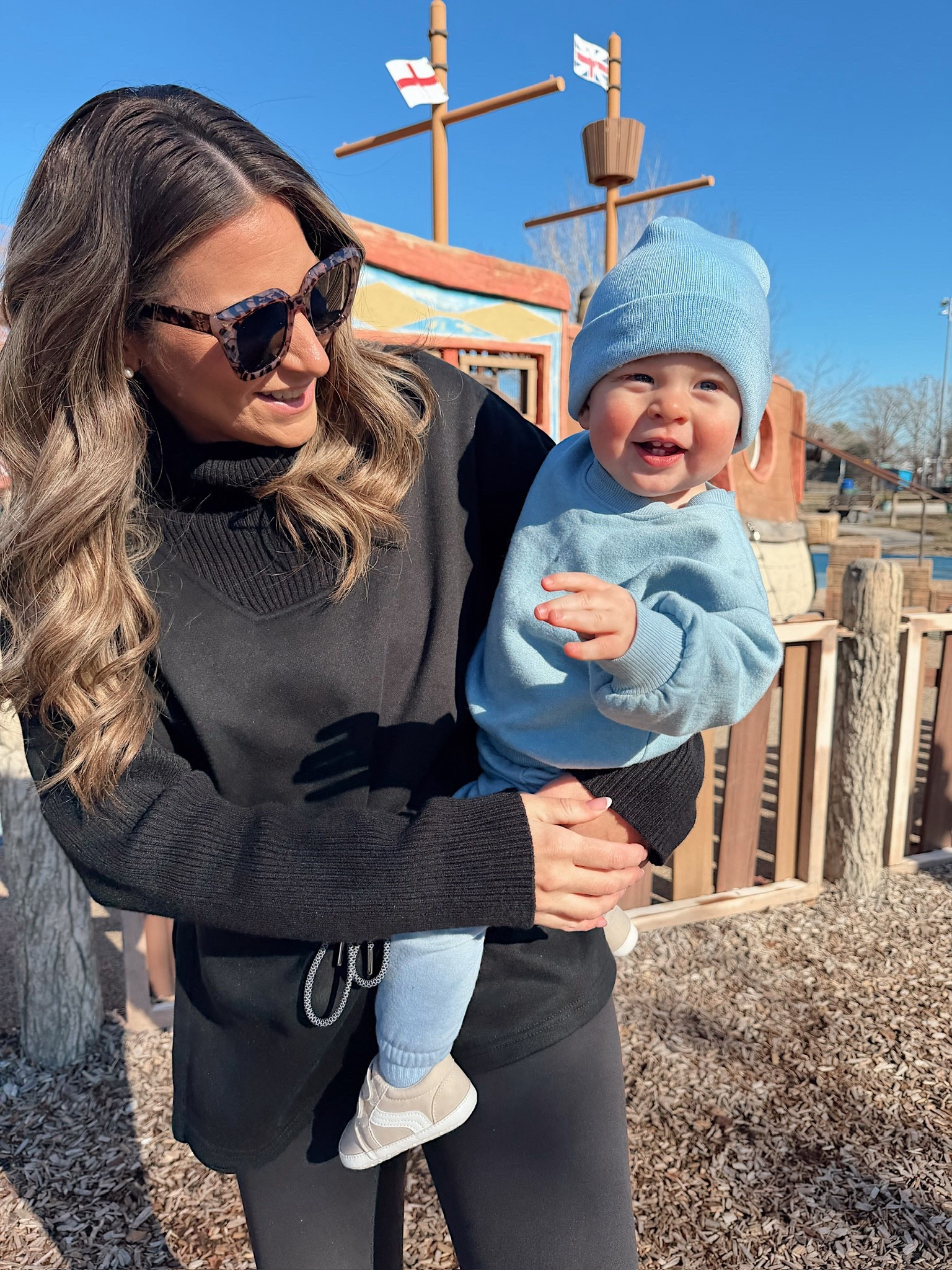 Mommy & mini park ootds! I’m in a large drawstring waist sweatshirt, small leggings, sunglasses, Christmas socks and sneakers - fits tts.

#LTKFindsUnder50 #LTKmomlife #LTKBaby