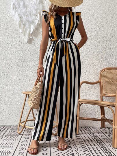 Ruffle Trim Belted Striped Jumpsuit | SHEIN