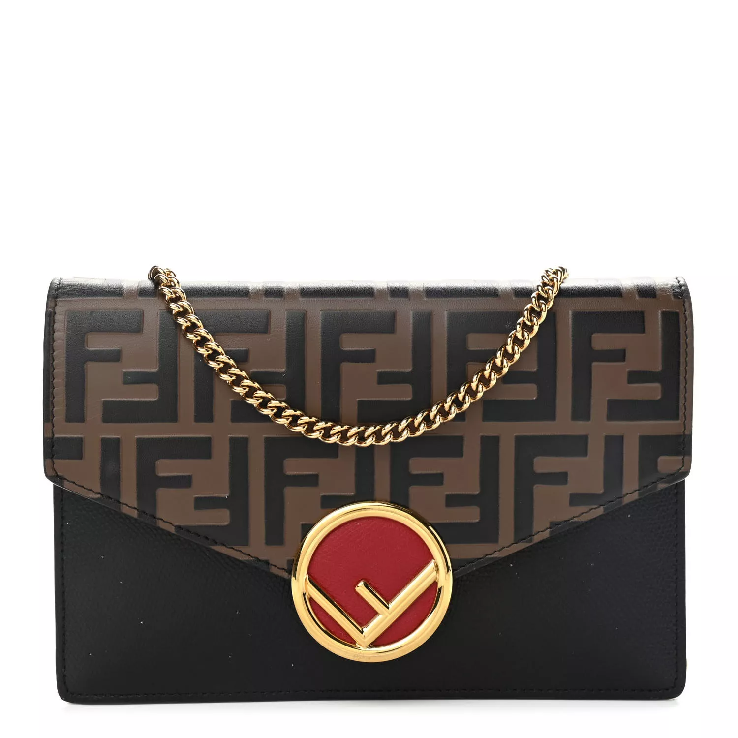 FENDI Vitello F is Envelope Leather Wallet on Chain Crossbody Bag Blac