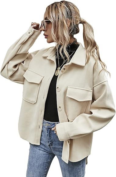 MakeMeChic Women's Wool Blend Button Down Long Sleeve Oversized Shacket Jacket Coat | Amazon (CA)