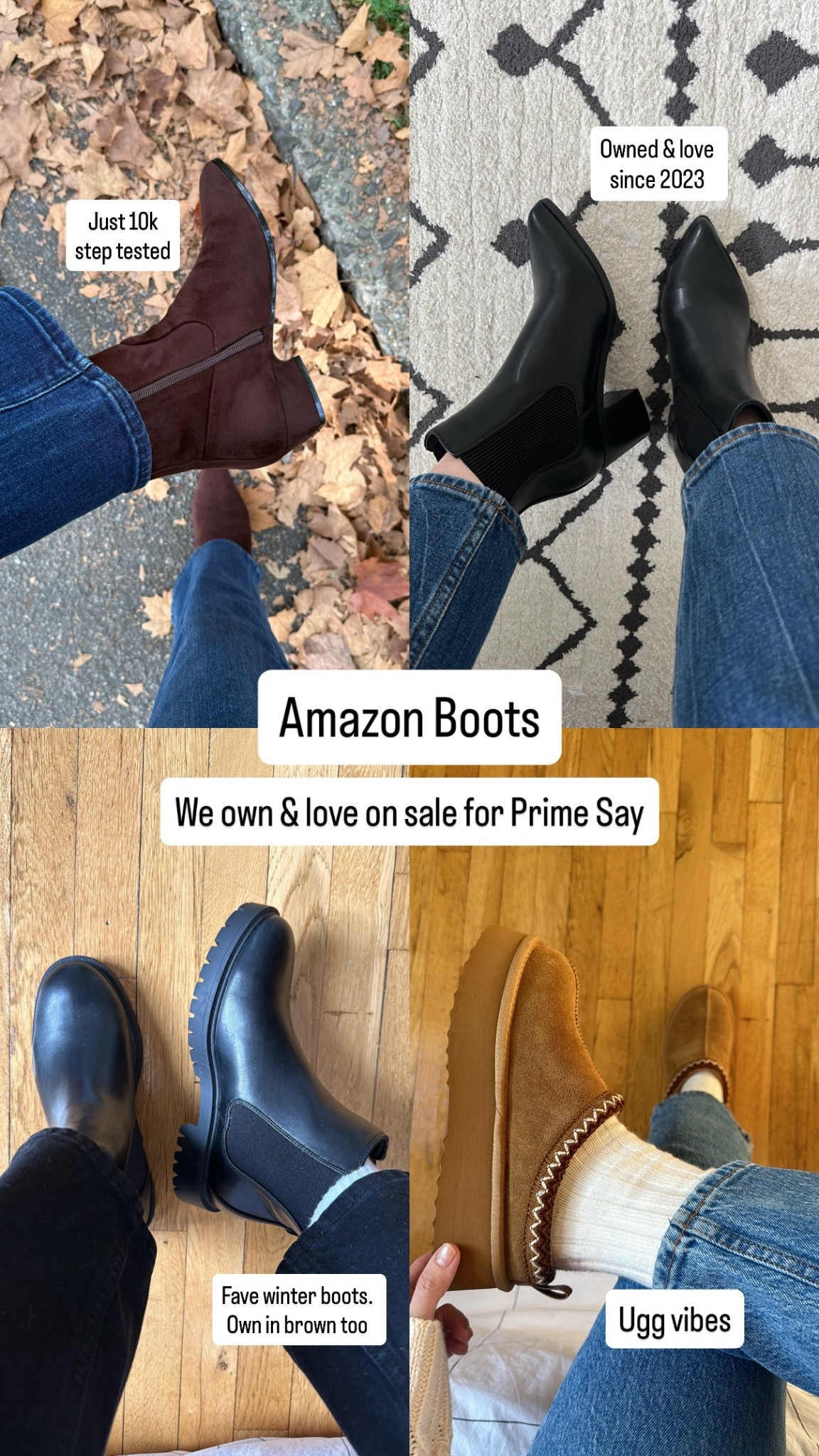 Amazon fall boots on sale. All 10k step tested besides the Ugg style boots 
Top left size up 1/2.
Top right TTS
Bottom left size up 1/2
Bottom right TTS size up if between
 