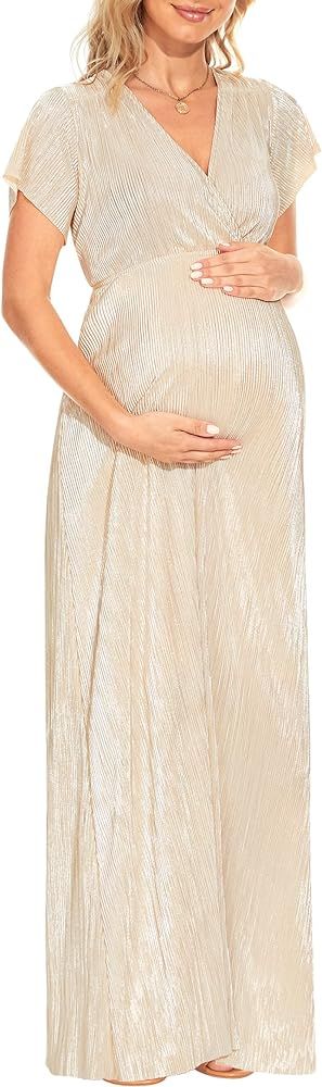 Sparkly V Neck Pleated Maternity Maxi Dress/Gorgeous Short Sleeve Maternity Dress for Photoshoot ... | Amazon (US)