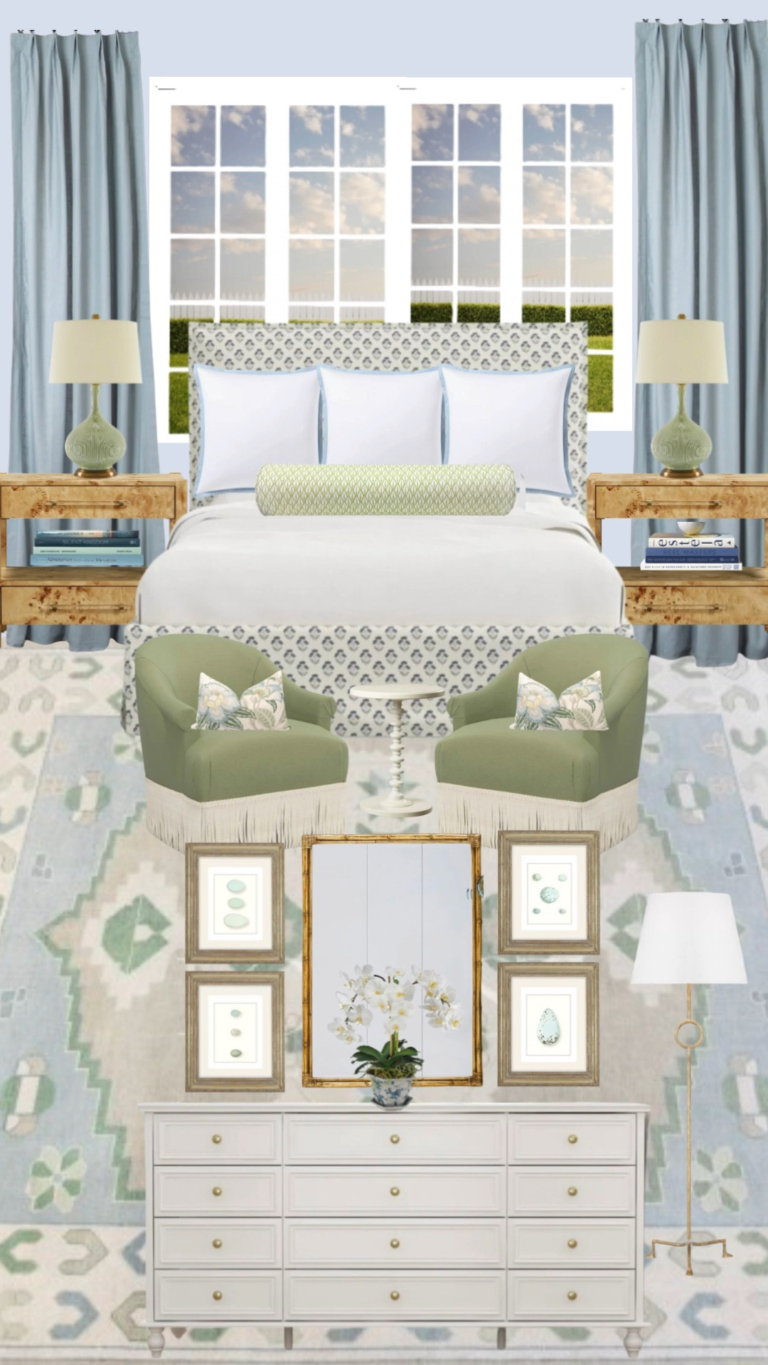 Blue and green bedroom design inspo 💚💙 

Adore this oushak! 

.
.
.
.
Grand millennial, traditional home decor, transitional, fringe arm chairs, Burl nightstands, pillows, lamps, artwork, dresser, standing lamp, bedroom, primary bedroom

#LTKHome