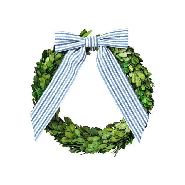 Preserved Boxwood Wreath with Classic Stripe Ribbon | Cailini Coastal