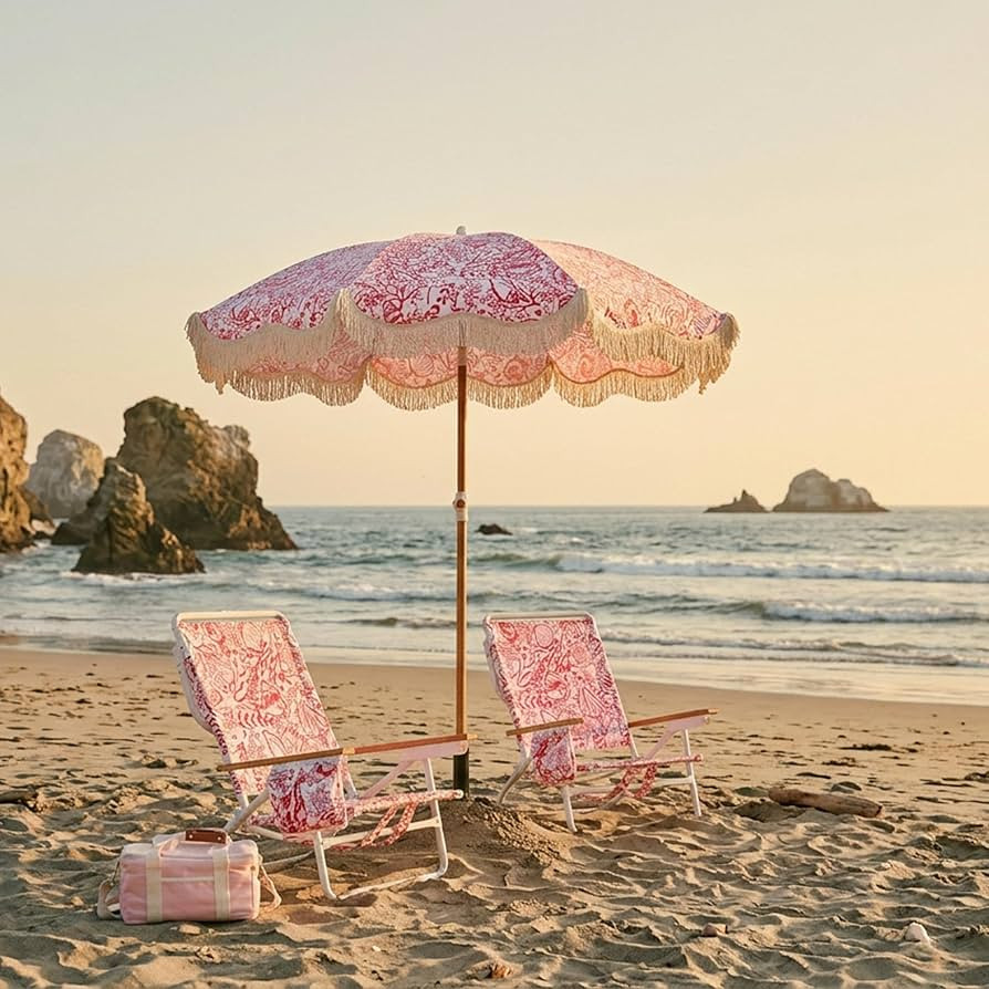 3-Piece Beach Set – 6FT UPF 50+ Fringe Sun Umbrella & 2 Low Chairs with Wooden Armrests, Foldab... | Amazon (US)