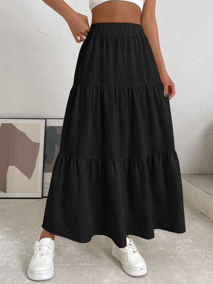 SHEIN EZwear Solid Ruffle Hem Flare Skirt | SHEIN