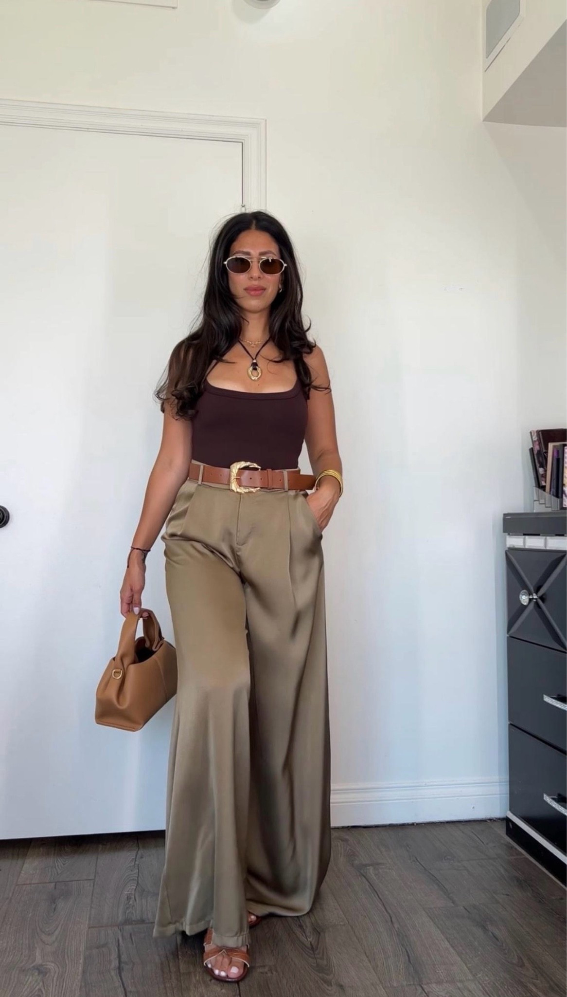 Neutral summer outfit! Love these pants from shein. Wearing a small. They are thinner material, but satin! The tank has a built in bra and adjustable straps. Wearing a small

#LTKootd #LTKMidsize #LTKSeasonal