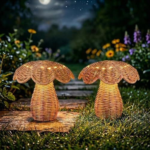 2 Pack Solar Mushroom Rattan Lanterns, 9’’ Handmade Wicker Lamp Mushroom Lights for Indoor Ou... | Amazon (US)