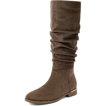 Slouchy Flat Rounded Toe Ruched Knee High Boots for Women | Amazon (US)