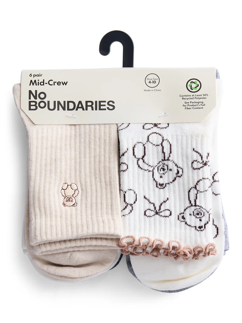 No Boundaries Embroidered Mid Crew Socks, 6-Pack, Women's, Shoe Sizes 4-10 | Walmart (US)