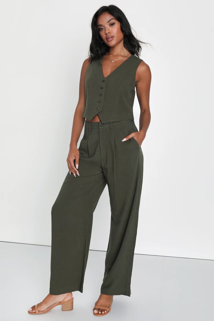 Suits You Perfectly Olive Green Linen Wide Leg Pants | Lulus