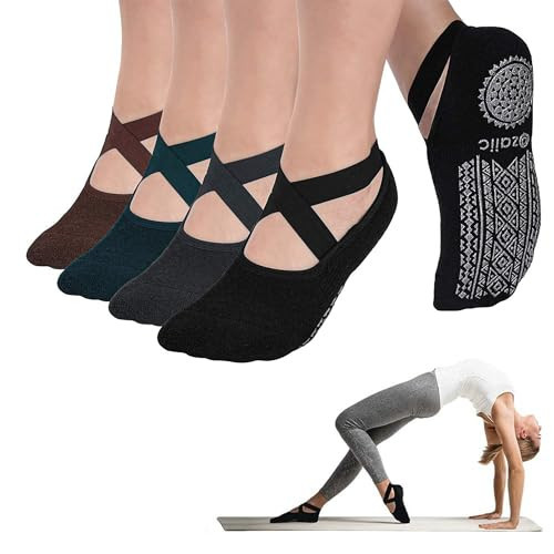 Ozaiic Pilates Socks for Women Non Slip Grip, Yoga Socks with Grippers for Barre, Hospital, Ballet, Dance, Barefoot Workout (4 Pairs-Coffee/Green/Black/Gray, one_size) | Amazon (US)