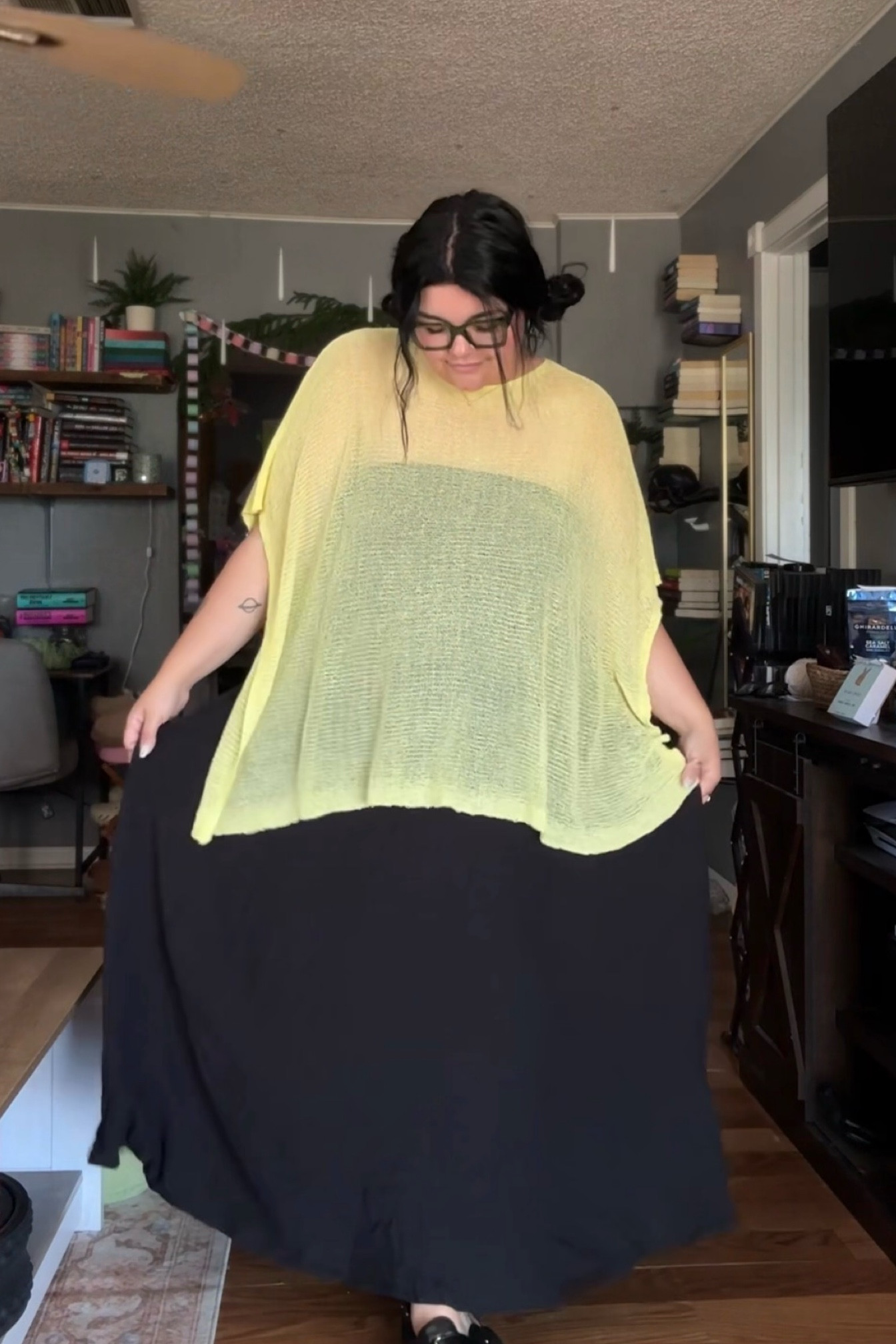 im wearing a large in the poncho (I couldn’t find the exact listing, but it’s the same pattern- just missing the yellow color ) and 1x in the ava and viv skirt! im a size 2x/ 16 regularly! 

#LTKPlusSize #LTKgrwm #LTKmomlife