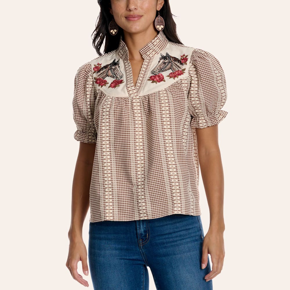 Rockin' C Women's Brown Gingham Print Horse Embroidered Puff Sleeve Top | Cavender's