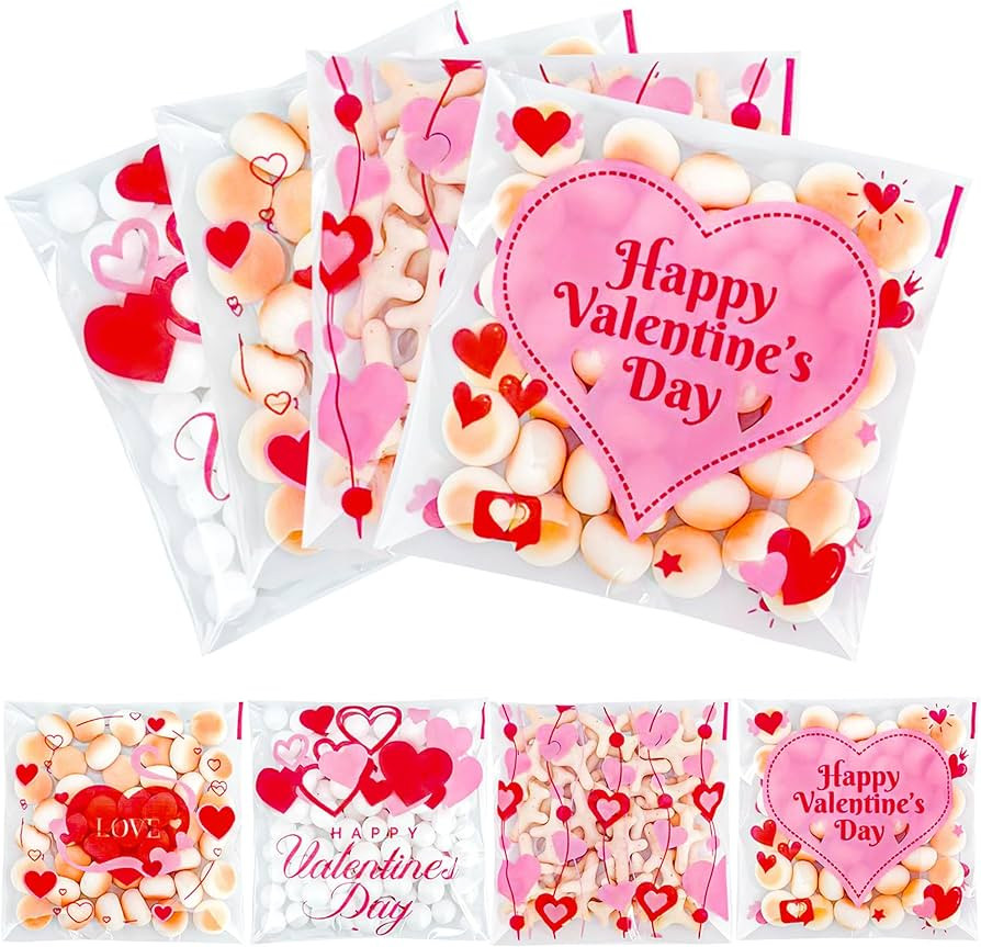 QOIUSO 100 Pcs Valentines Self-Sealing Cookie Bags - 4x4 Inch Valentines Cellophane Treat Bags fo... | Amazon (US)