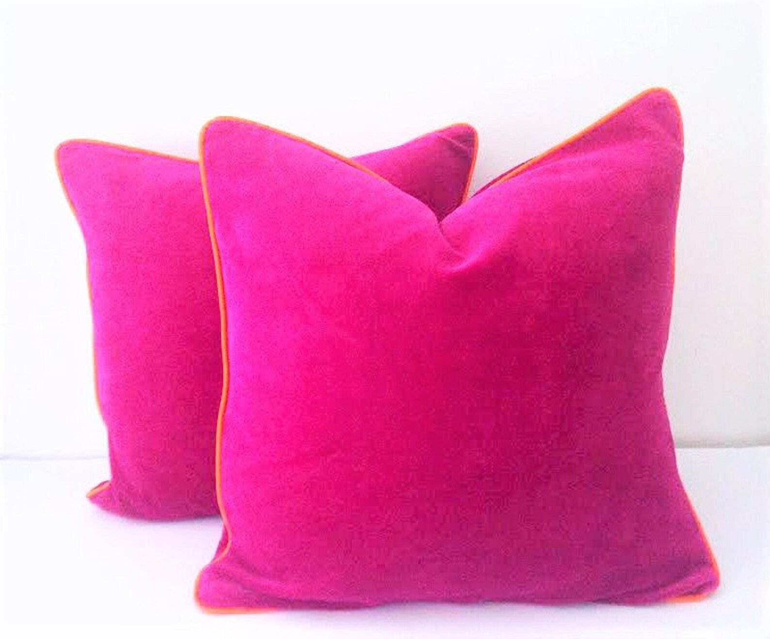 Fuchsia Velvet Pillow Cover, Hot Pink Velvet Cushion Cover with Orange Piping | Etsy (US)