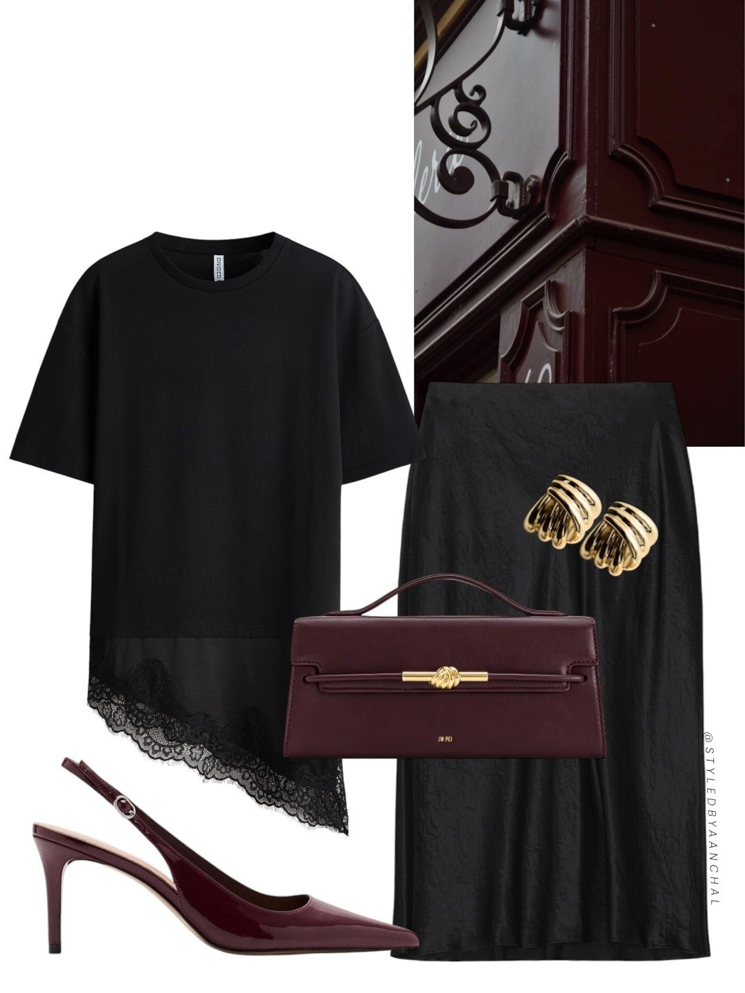 All black outfit with burgundy accessories 


Hm
Black lace top
Black satin skirt
Burgundy bag
Burgundy heels
Chic outfit

#LTKdatenight #LTKpartywear #LTKmodest
