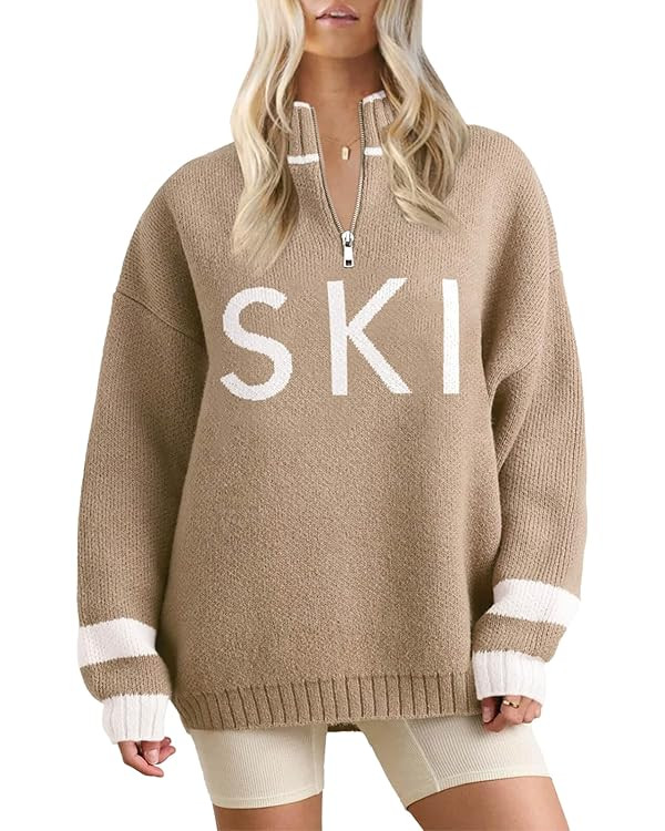 Zwurew Women's Ski Sweater 2024 Quarter Zip Color Block Striped Slouchy Long Sleeve Knitted Pullo... | Amazon (US)