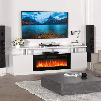 Fireplace TV Stand, 70'' White Modern TV Stand, with Electric Fireplace 36" Heater, Adjustable LED Flame Effects and 12 Flame Colors, 2-Tier Storage & | Wayfair North America