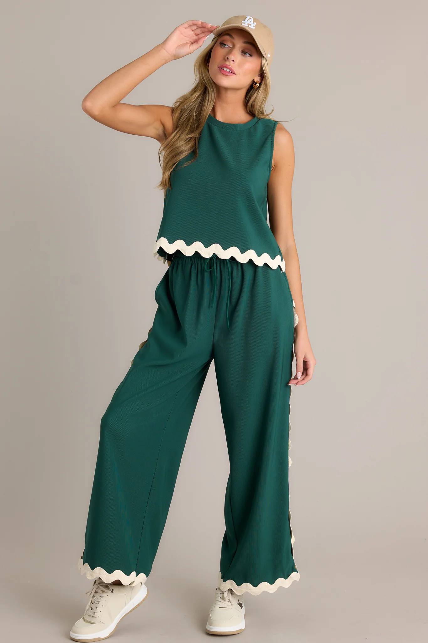 Breezy Charm Hunter Green Ricrac Pants | Red Dress