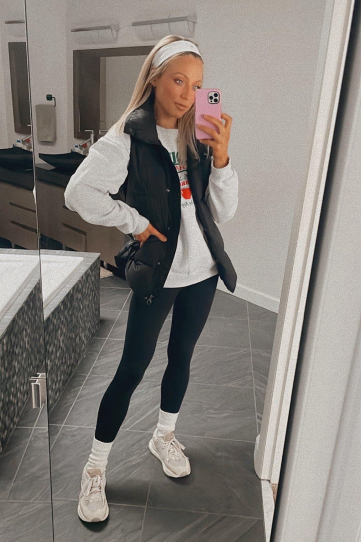 Saturday OOTD for running errands.

• White Headband: Lululemon
• Black Puffer Vest: Athleta (xs)
• Light Grey Graphic Sweatshirt
• Black Leggings: Aerie (xs)
• Sneakers: New Balance



#LTKfitness #LTKstyletip #LTKMostLoved
