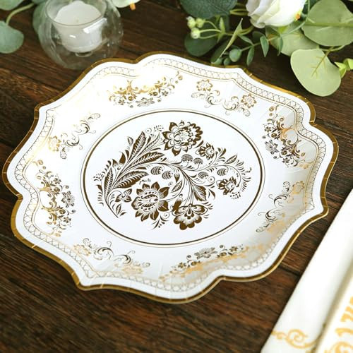 TCF Linen 50 Pack 10" White Gold French Toile Dinner Plates, Disposable Round Paper Party Plates 300 GSM for Festive Table Decoration | Amazon (US)