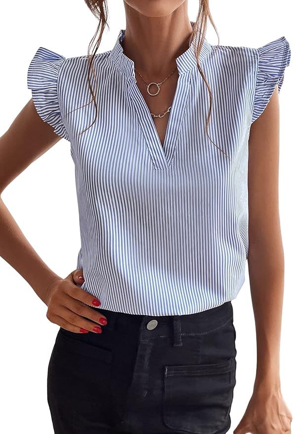 Floerns Women's Striped Notched V Neck Ruffle Cap Sleeve Blouse Tops | Amazon (US)