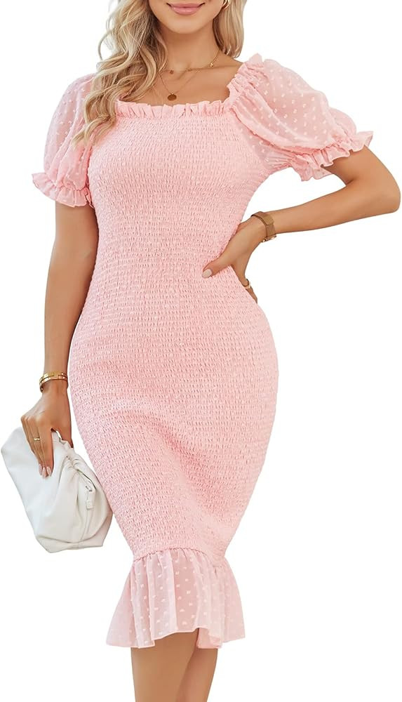 SENFURE Women's Summer Casual Midi Smocked Bodycon Dresses Puff Sleeve Square Neck Ruffle Mermaid... | Amazon (US)