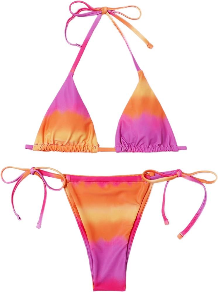 SweatyRocks Women's Sexy Bathing Suits Halter Bikini Top Tie Dye Two Piece Swimsuits | Amazon (US)