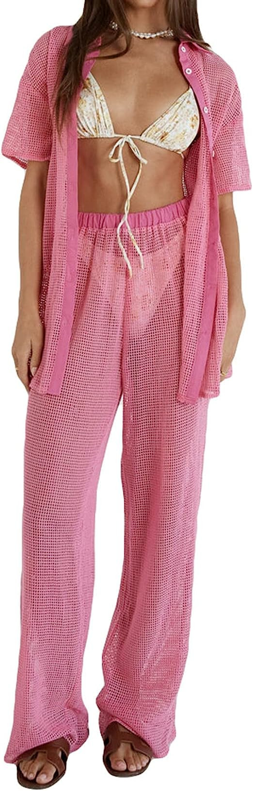 2 Piece Sexy Cover Up for Women Crochet Hollow Out Top Pants Swimsuit Swimwear Beachwear 2Pcs Sum... | Amazon (US)