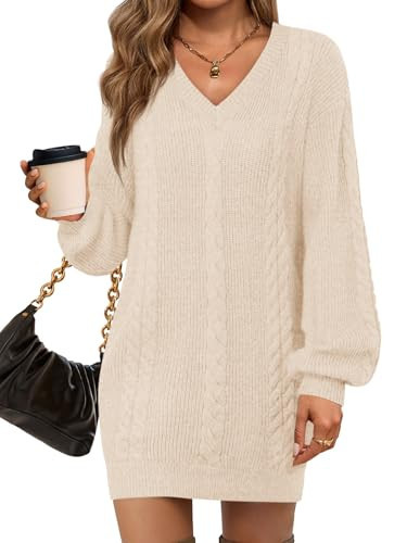 Saodimallsu Womens V Neck Mini Sweater Dress Cable Knit Long Lantern Sleeve Casual Loose Fall Tunic Pullover Sweaters Apricot | Amazon (US)