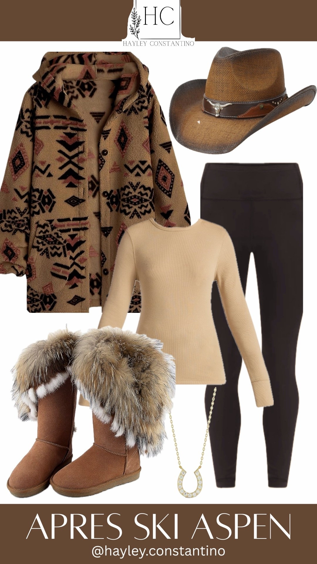 This Aspen après-ski outfit is cozy, Western-inspired, and perfect for staying stylish after a day on the slopes. A warm, rustic, mountain-chic look blending après-ski comfort with a Western edge. Think Aspen lodge meets modern cowgirl glam.

🧥 Sherpa Jacket
A tan sherpa-style button-up jacket with a bold Southwestern / Navajo-inspired geometric print. It adds texture, warmth, and that signature Colorado-mountain aesthetic.

🤠 Western Hat
A brown woven cowboy hat with a decorative leather band and longhorn detail. This piece gives the whole look a rugged Western twist and ties the palette together.

👕 long sleeve thermal tee
A fitted, ribbed, camel-colored long-sleeve thermal tee—simple, warm, and perfect for layering under the statement jacket.

🖤 Black Leggings
Sleek black leggings that balance the outfit’s textures and keep things comfortable for lounging or strolling around the ski village.

🧊 Fur-Trimmed Boots
Tall tan winter boots with dramatic faux-fur trim in mixed natural tones. Fluffy, cozy, and eye-catching—classic après-ski luxury.

💫 Horseshoe Necklace
A gold horseshoe pendant necklace with sparkly detailing adds a little Western charm and subtle glam to the look.

It’s a warm, stylish après-ski ensemble that blends Western flair with mountain comfort—perfect for Aspen nights, hot cocktails, and fire-side lounging.


#LTKOver40 #LTKootd #LTKmomlife