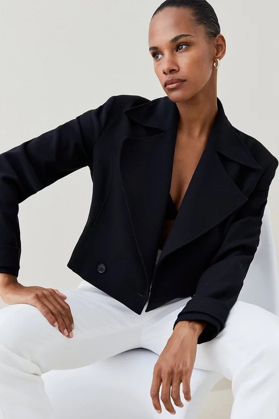 Compact Stretch Cropped Trench Jacket | Karen Millen UK + IE + DE + NL