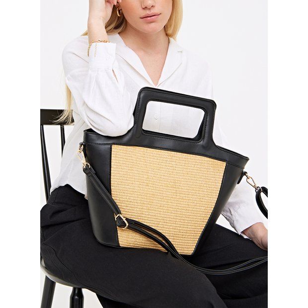 Buy Black Faux Leather Contrast Straw Handbag One Size | Bags | Tu | Tu Clothing